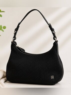 The Sak Black Knit Hobo Shoulder Bag Leather Trim Boho Crochet Shoulder Purse